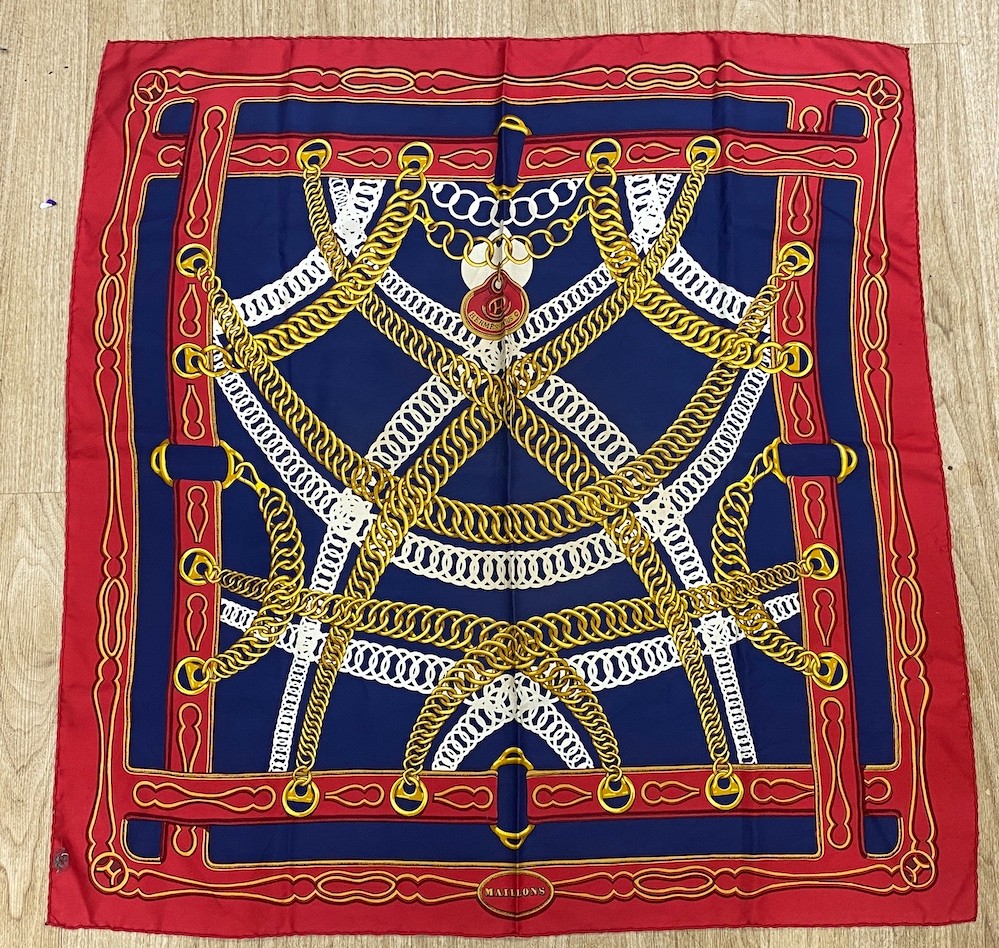 A 1960's Jacques Fath, Paris scarf with original box together with a Hermes Maillon scarf